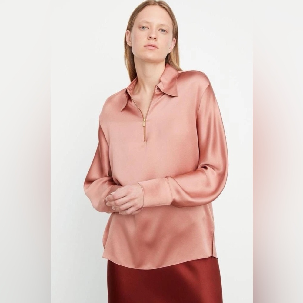 Vince Luxe “Tea Rose” satin silk half zip blouse